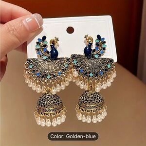 Elegant Peacock Gold and Blue Earrings